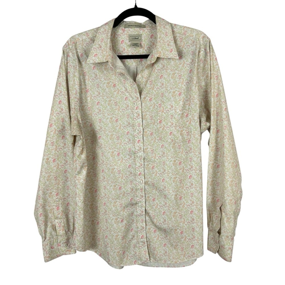 LL Bean Cream and Pink Floral Casual Button Down Shirt Size Large